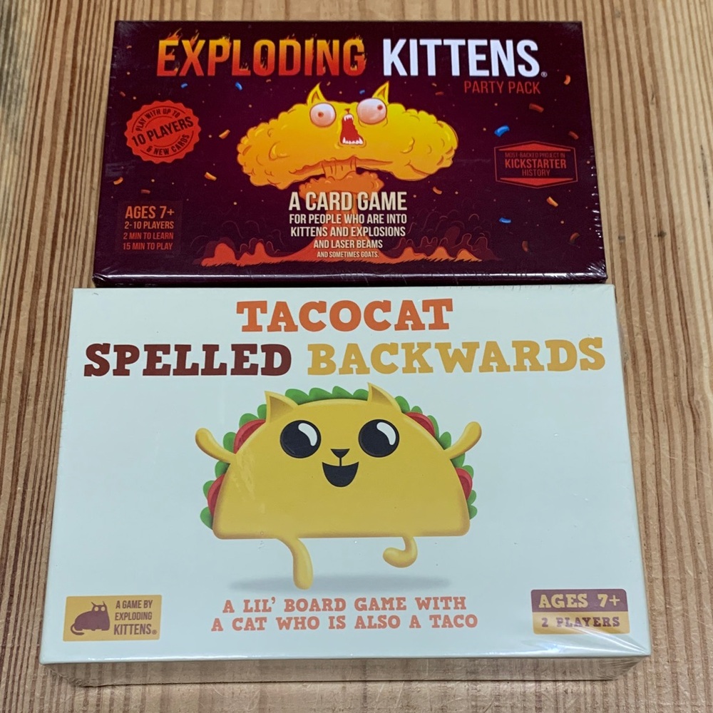 New and sealed Exploding Kittens Party Pack Card Game Tacocat Spelled Backwards